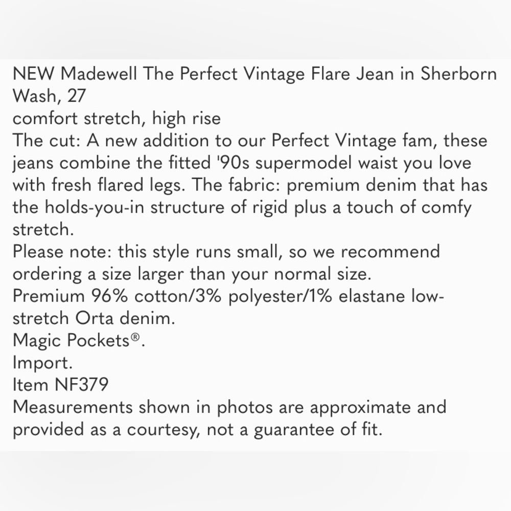 NEW Madewell The Perfect Vintage Flare Jean in Sherborn Wash, 27 - Picture 2 of 5